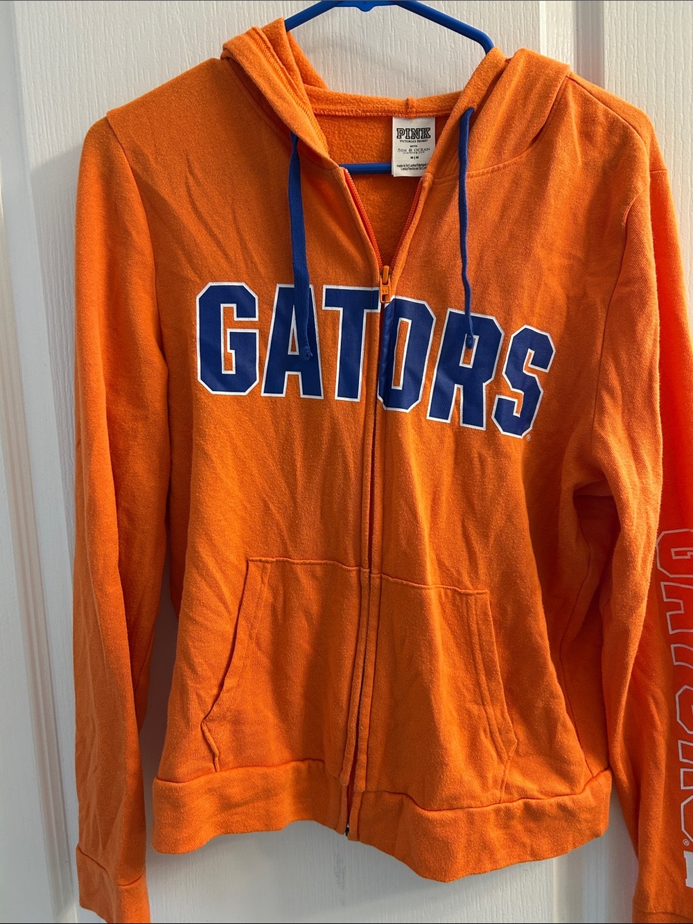 PINK Victoria's Secret Orange GATORS Zip-Up Hoodie with Blue Lettering